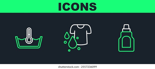 Set line Bottle for cleaning agent, Temperature wash and Dirty t-shirt icon. Vector
