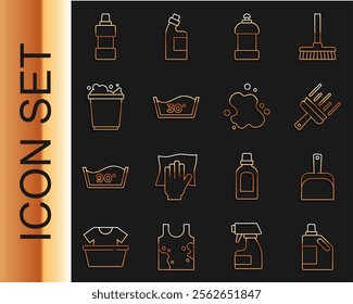 Set line Bottle for cleaning agent, Dustpan, Rubber cleaner windows, Temperature wash, Bucket with foam,  and Water spill icon. Vector