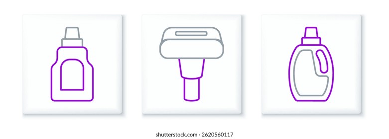 Set line Bottle for cleaning agent,  and Garment steamer icon. Vector