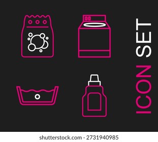 Botella de línea para el agente de limpieza, lavado a temperatura, lavadora y detergente de lavandería icono. Vector