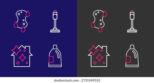 Set-Linie Flasche für Reinigungsmittel, Home-Service, Staubsauger und Schwamm-Symbol. Vektorgrafik