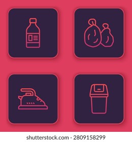 Set line Bottle for cleaning agent, Electric iron, Garbage bag and Trash can. Blue square button. Vector