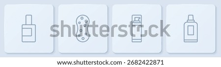 Set line Bottle for cleaning agent, Shaving gel foam, Sponge and . White square button. Vector