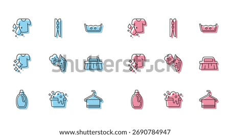 Set line Bottle for cleaning agent, Basin with soap suds, Dirty t-shirt, Towel on hanger, Electric iron, Brush, Drying clothes and Clothes pin icon. Vector