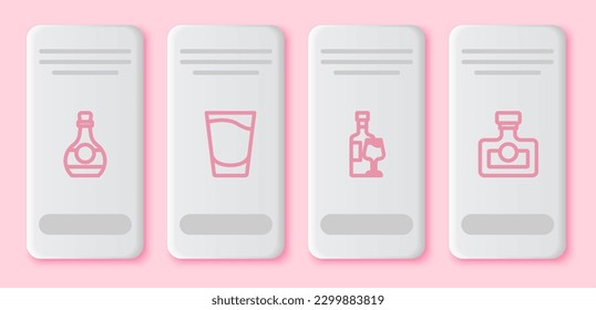 Set line Bottle of cognac or brandy, Shot glass, Wine bottle with and Alcohol drink Rum. White rectangle button. Vector