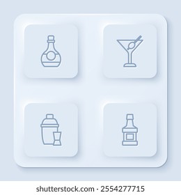 Set line Bottle of cognac or brandy, Martini glass, Cocktail shaker and Whiskey bottle. White square button. Vector