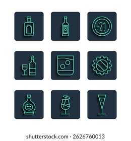 Set line Bottle of cognac or brandy, Cocktail, Glass champagne, Alcohol 21 plus, whiskey, Wine bottle with glass, Whiskey and cap icon. Vector