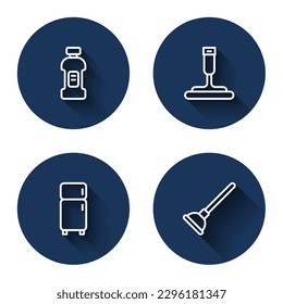 Set line Bottle for detergent, Rubber cleaner windows, Refrigerator and plunger with long shadow. Blue circle button. Vector
