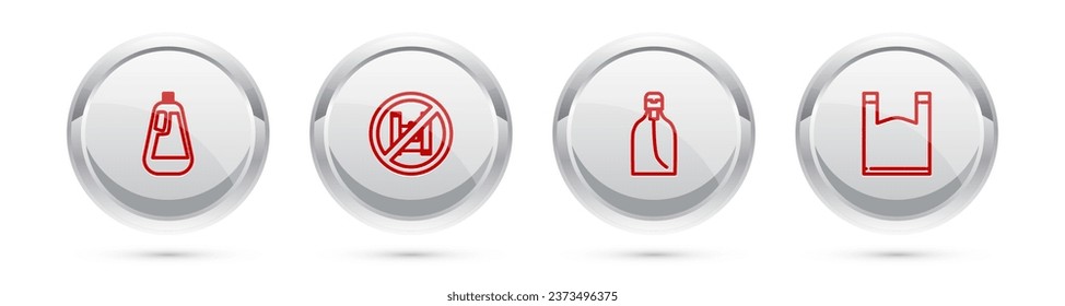 Set line Bottle for dishwashing liquid, Say no to plastic bags poster, of soap and Plastic. Silver circle button. Vector