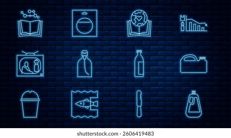 Set line Bottle for dishwashing liquid, Canister machine oil, Earth globe and book, of soap, Stop plastic pollution, Open, Lotion cosmetic tube and Battery pack icon. Vector
