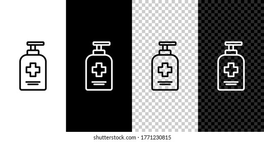 Set line Bottle of liquid antibacterial soap with dispenser icon isolated on black and white background. Antiseptic. Disinfection, hygiene, skin care. Vector.