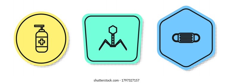 Set line Bottle of liquid antibacterial soap, Bacteria bacteriophage and Medical protective mask. Colored shapes. Vector