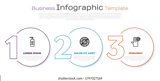 Set line Bottle of liquid antibacterial soap, Stop virus and Hand with. Business infographic template. Vector