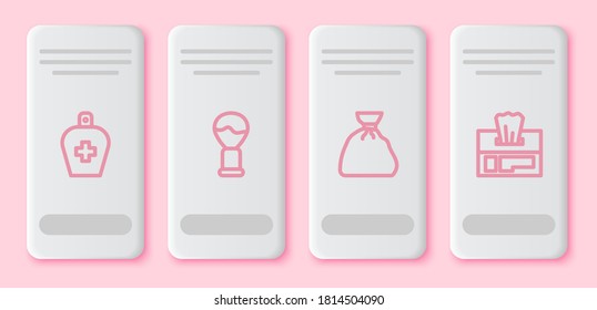 Set line Bottle of liquid antibacterial soap, Shaving brush, Garbage bag and Wet wipe pack. White rectangle button. Vector