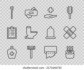 Set line Bottle of liquid antibacterial soap, Cotton swab for ears, Cross hospital medical, Shaving razor, Toothbrush, Toilet bowl, Paper towel dispenser wall and Crossed bandage plaster icon. Vector