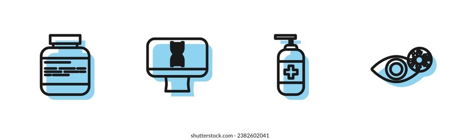 Set line Bottle of liquid antibacterial soap, Medicine bottle and pills, DNA spiral computer and Reddish eye due to virus icon. Vector