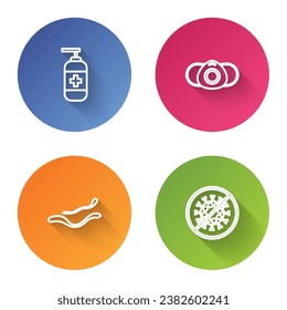 Set-line Flasche mit flüssiger antibakterieller Seife, medizinische Schutzmaske, Ebola-Viruserkrankung und Stopp. Farbkreisknopf. Vektorgrafik