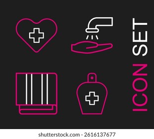 Set line Bottle of liquid antibacterial soap, Towel stack, Washing hands with and Heart cross icon. Vector