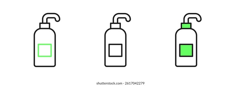 Set line Bottle of liquid antibacterial soap with dispenser icon isolated on white background. Antiseptic. Disinfection, hygiene, skin care.  Vector