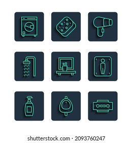 Set line Bottle of liquid soap, Toilet urinal or pissoir, Blade razor, Hair dryer, Washbasin mirror, Shower, Washer and Male toilet icon. Vector