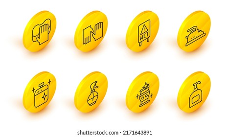 Set line Bottle of liquid soap, Clean vase, Water spray bottle, cooking pot, Electric iron, Wet floor, Rubber gloves and Cleaning service icon. Vector