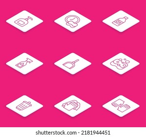 Set line Bottle of liquid soap, Washing dishes, for cleaning agent, Cleaning spray bottle, Dustpan, Sponge, Trash can and service icon. Vector