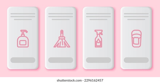 Set line Bottle of liquid soap, Handle broom, Cleaning spray bottle and Bucket with rag. White rectangle button. Vector
