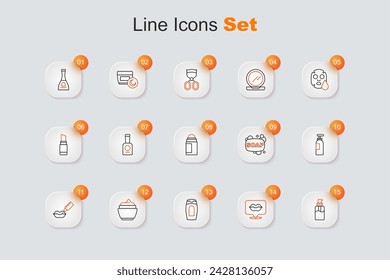 Set line Bottle of liquid soap, Smiling lips, shampoo, Cream or lotion cosmetic tube, Lip augmentation, Bar and Deodorant roll icon. Vector