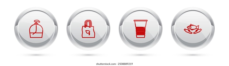 Set line Bottle of liquid soap, Shopping bag with recycle, Paper glass and Fish care. Silver circle button. Vector