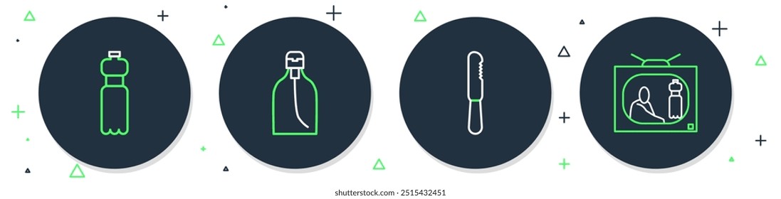 Set Linie Flasche Flüssigseife, Einweg-Plastikmesser, Wasser und Stopp Verschmutzung Symbol. Vektorgrafik