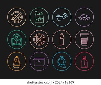 Set line Bottle of liquid soap, Paper glass, Problem pollution the ocean, Say no to plastic bags poster, Earth globe and book, No trash, water and Dead bird, icon. Vector