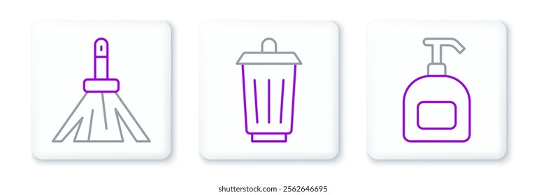 Set line Bottle of liquid soap, Handle broom and Trash can icon. Vector
