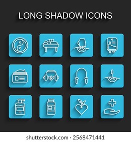 Set line Bottle of liquid soap, Collagen serum, Yin Yang, Heart, Cross hospital medical, Headphones for meditation, Acupuncture therapy and Jump rope icon. Vector