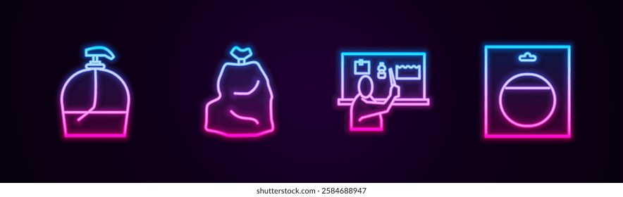 Set line Bottle of liquid soap, Garbage bag, Stop plastic pollution and Battery in pack. Glowing neon icon. Vector