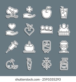 Set line Bottle of liquid soap, Facial cosmetic mask, Sauna and spa procedures, Apple, Heart, in hand, Scented stick and Vacuum cans icon. Vector