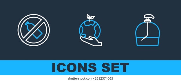 Set line Bottle of liquid soap, No plastic bottle and Hand holding Earth globe icon. Vector