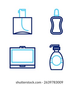 Set line Bottle of liquid soap, Makeup powder with mirror, Nail polish bottle and Perfume icon. Vector