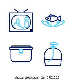 Set line Bottle of liquid soap, Lunch box, Fish care and Stop plastic pollution icon. Vector