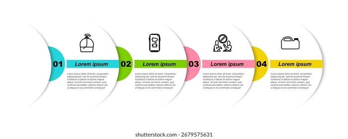 Fije la línea Botella de jabón líquido, megáfono en el móvil, pare la contaminación plástica y el bote para el aceite de la máquina. Plantilla de infografía de negocios. Vector