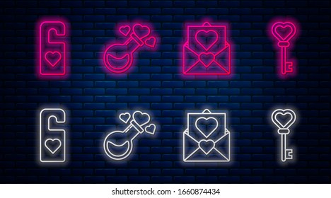 Set line Bottle with love potion, Envelope with Valentine heart, Please do not disturb with heart and Key in heart shape. Glowing neon icon on brick wall. Vector