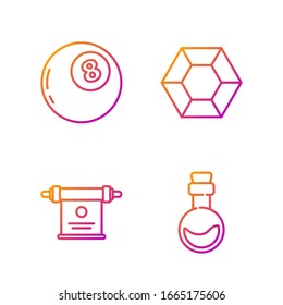 Fijar la línea Botella con poción de amor, Desplazamiento mágico, bola mágica de predicciones y piedra mágica. Iconos de color degradado. Vector
