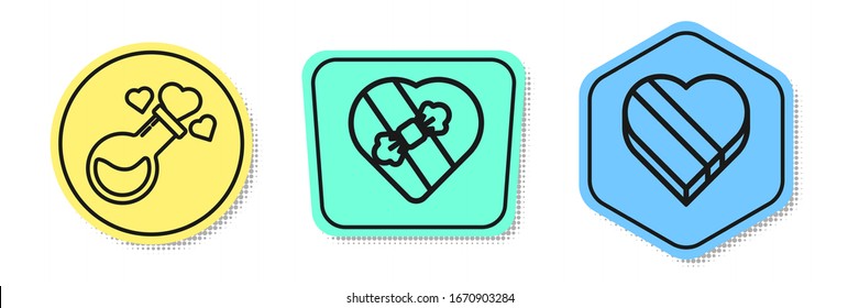 Set line Bottle with love potion, Candy in heart shaped box and Candy in heart shaped box. Colored shapes. Vector