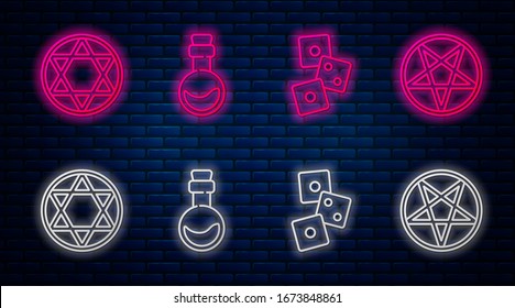 Set line Bottle with love potion, Game dice, Star of David and Pentagram in a circle. Glowing neon icon on brick wall. Vector