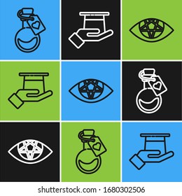 Set line Bottle with love potion, Pentagram and Magician hat in hand icon. Vector