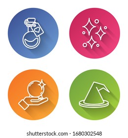 Set line Bottle with love potion, Sparkle stars with magical glitter, Magic ball on hand and Witch hat. Color circle button. Vector