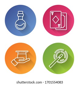 Set line Bottle with love potion, Playing cards, Magician hat in hand and Magic wand. Color circle button. Vector