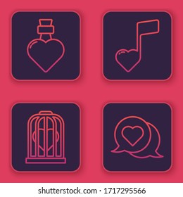 Set line Bottle with love potion, Heart in the bird cage, Music note, tone with hearts and Heart in speech bubble. Blue square button. Vector