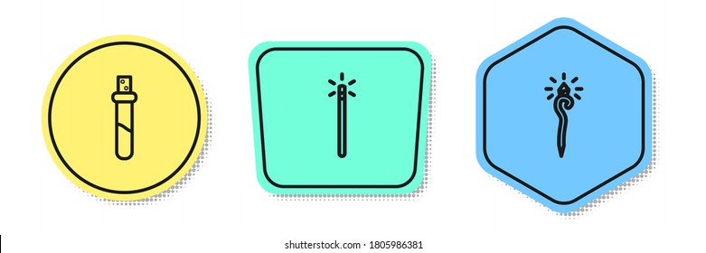 Set line Bottle with love potion, Magic wand and staff. Colored shapes. Vector