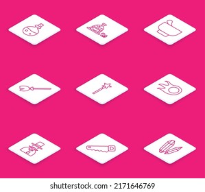 Set line Bottle with love potion, Witch cauldron and magic stone, Magic mortar pestle, Witches broom, wand, Fireball, Magician and Hand saw icon. Vector