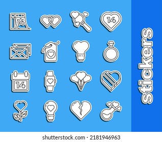 Fijar la línea Botella con poción de amor, Candy en caja con forma de corazón, anillo de compromiso de diamantes, Búsqueda, Etiqueta del corazón, Sobre Valentín, Calendario 14 de febrero e icono de la bombilla. Vector